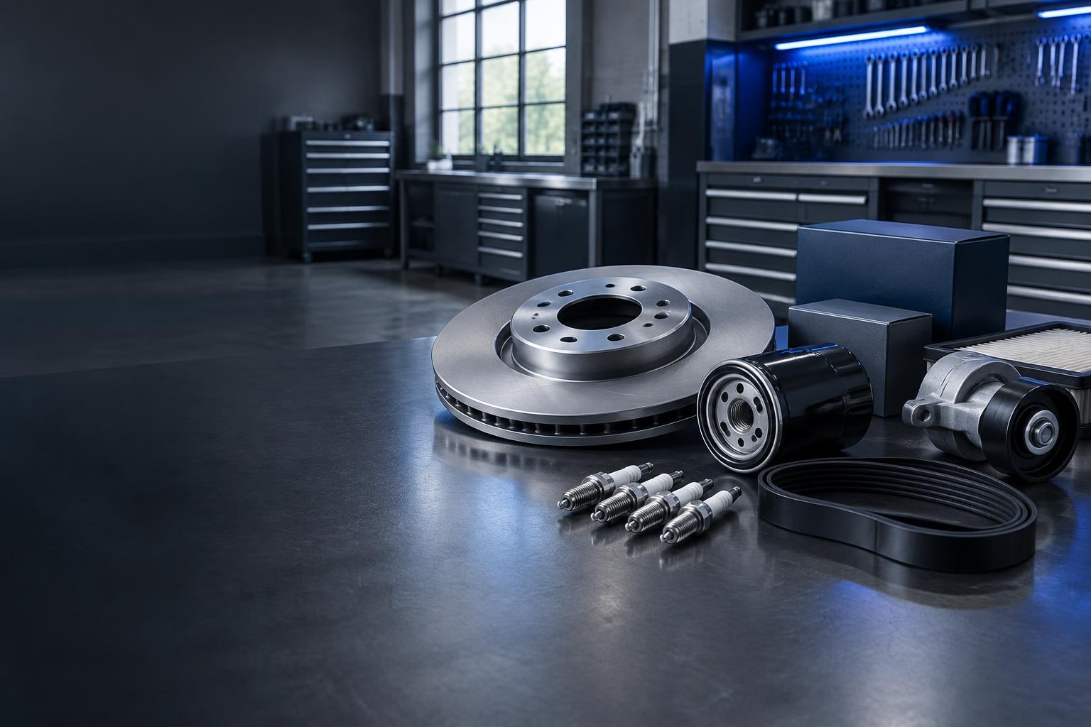 Motor parts arranged on a professional workshop counter